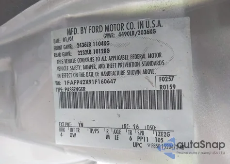 2001 Ford Mustang Gt из США, поврежденный, VIN 1FAFP42X91F160647